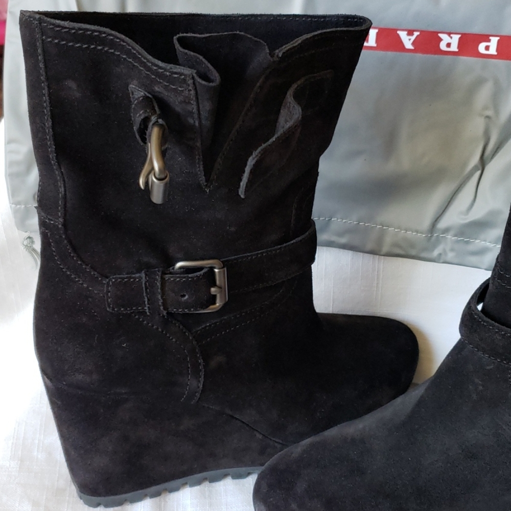 Prada Authentic Suede Black Wedge Boots 39.5EU=9.5 - Picture 3 of 16